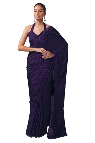 Soch Womens Purple Crepe Embellished Saree