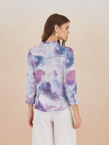 Latin Quarters Women Purple 3/4Th Sleeves Tie Neck Printed Top for Casual_XXL