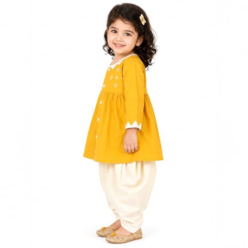 LITTLE GINNIE Kurta Set for Kids Girls 0-3 Months, Cotton, Ethnic Wear For Baby Girl - Mustard