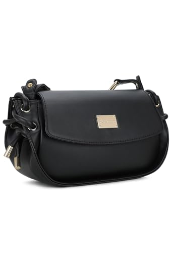 RASHKI HAZE- Womens Crossbody Vegan Leather Handbag | Spacious | Unique Shape | Party Purse | Magnetic Button Closure (Black)