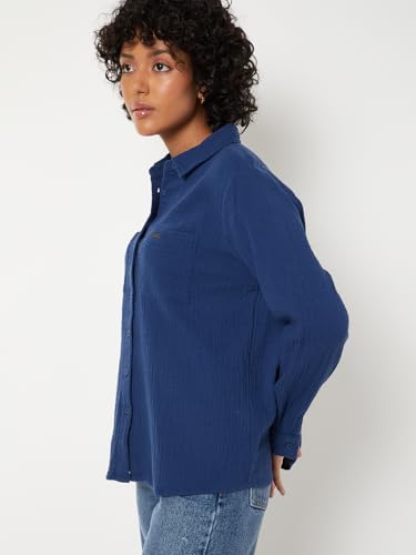 Max Women Textured Regular Fit Shirt (Blue_L)