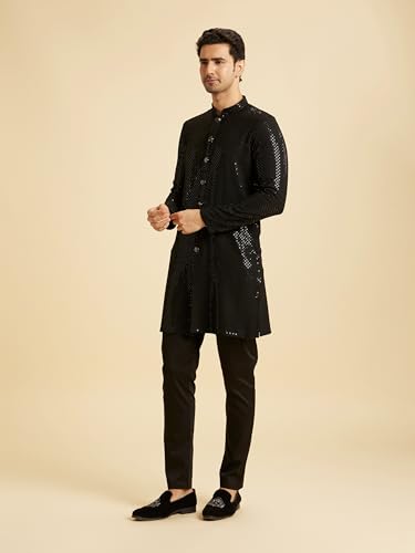 Manyavar Men's Viscose All-Over Sequinned Festive Mid-Length Kurta Set (Black,XXL)