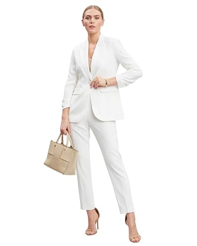 OFFICE PURPLE Women's Cotton Blend Solid Blazer & Pant Set with Camisole | Formal 3-Piece Set (White, XL)