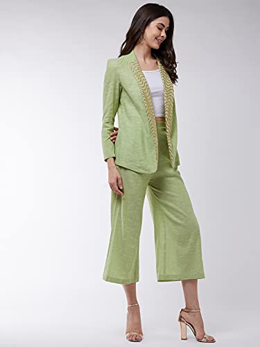 Zima Leto Women'S Solid Pastel Blazer And Pant Set | Full Sleeves Shawl Collar Cotton Solid Clothing Set - (Green, M)