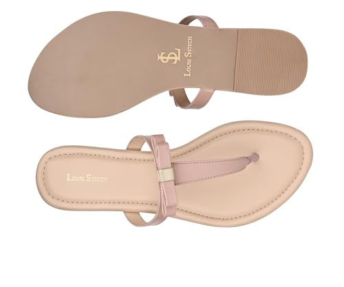 LOUIS STITCH Women’s Slip-On T-Strap Flat Sandals | Open Toe Peach Pink Stylish Sandal for Ladies, Fashionable and Comfortable Sandal | LSOF-FI01-TSNU | UK-8