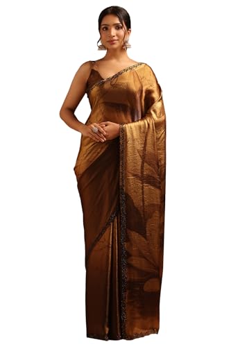 Soch Womens Brown Organza Botanical Saree With Stone Work