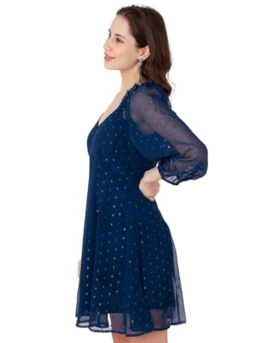 Zink London Women's Blue Self Design A-Line Short Dress