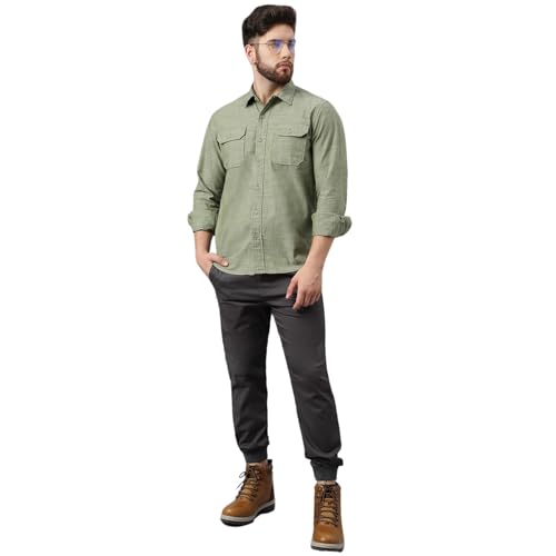 Woodland Men Cotton Solid Regular Fit Long Sleeves Shirts (Olive, S)