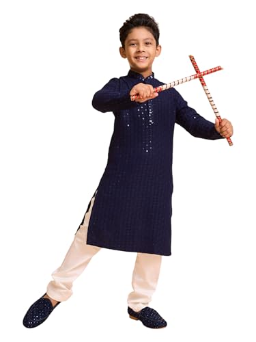 Manyavar Boys Viscose Chikankari Sequined Kurta Pyjama Set (Dark Blue,10-12Y)