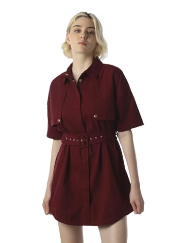 ONLY Women's Solid Fit and Flare Maroon Dress