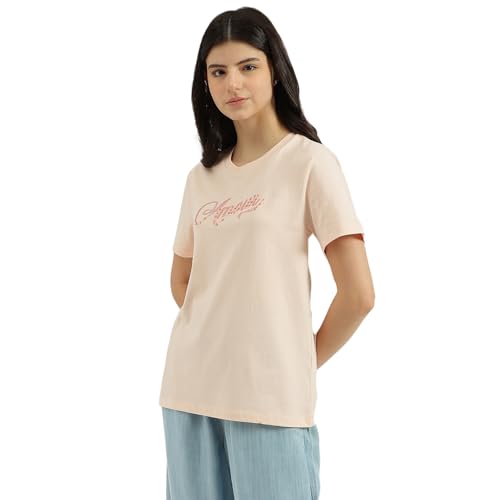 United Colors of Benetton Round Neck Embroidered T-Shirt (Size: S)-25P3099W3F06IP13 Peach
