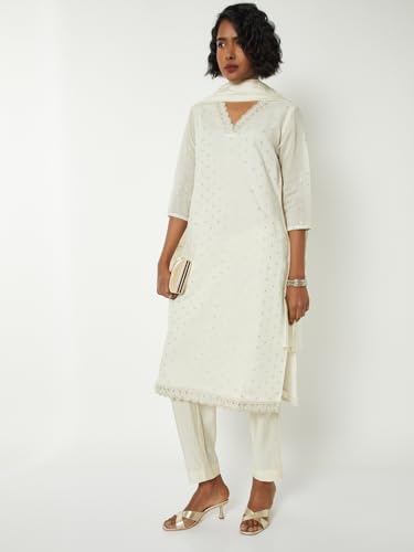 Max Women Embroidered Straight Kurta Set(White_M)