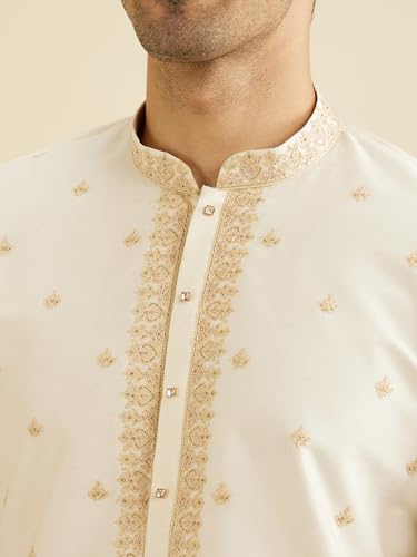 Manyavar Men's Viscose Blend Embellished Kurta Set (Cream,S)