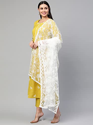 GoSriKi Women's Cotton Blend Embroidered Kurta with Pant & Dupatta (Mukund Yellow_L-Go_Yellow_Large)