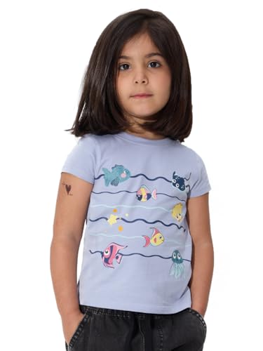 The Souled Store Aqua Life Girls Short Sleeves Round Neck Blue Printed Regular Fit Cotton T-Shirts (2-8 Yrs)