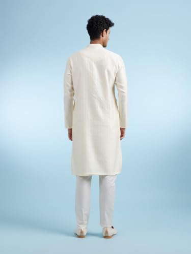 DIWAS BY MANYAVAR Men's Viscose Blend Self Design Long Kurta Pyjama Set (Cream,L)