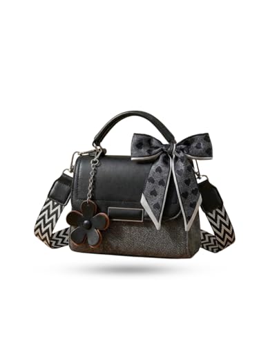 ZEFIYO Mini Top Handle Satchel Bag for Women, Handbag, Textured with Bow Scarf Accent, Floral Charm Crossbody Strap, Gift for Women (Black)