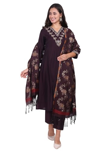 W for Woman Purple Embroidered Straight Kurta, Pants and Dupatta Set - (WS13238-224189-XL)