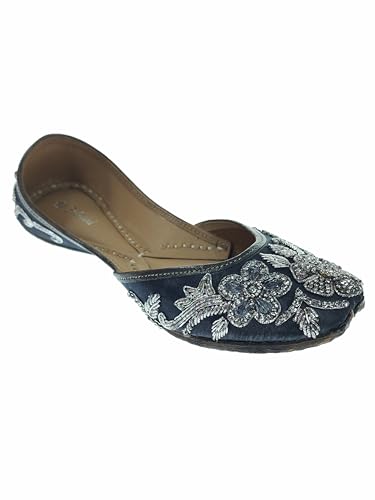 Fulkari Women Poppy Gunmetal Silver Soft Leather Embroidered Jutis | Bite and Pinch Free Jutti | Punjabi Formal Juttis | Girl's Wedding Flat Ladies Mojari | Formal Ethnic Juti | 41