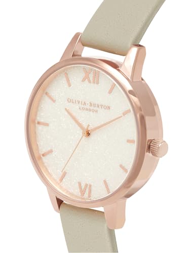 Olivia burton Glitter Dial Qtz Basic Slim White Glitter Round Dial Women's Analog Watch|Steel Grey Leather Material|Grey Color Band - OB16GD89