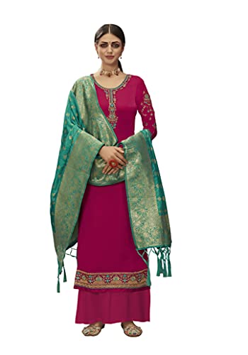 VUBA Satin Suit For Women's Embroidered Semi Stitched Top With Unstitched Santoon Bottom and Pure Woven Banarasi Dupatta Straight Kurta Dress Material
