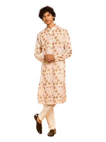 DIWAS BY MANYAVAR Men's Cotton Blend Flowers Printed Long Kurta Set (Cream,L)