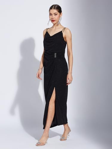 Latin Quarters Women Black V-Neck Sleeveless Solid A-Line Dress_S