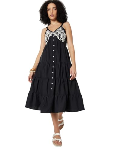 Max Women Embroidered Tiered Midi Dress (Black_S)