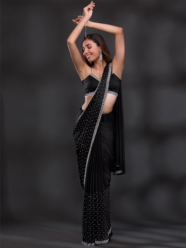 TRENDMALLS Women's Satin Georgette Siroski work Saree with Unstitched Blouse Piece (K1086-Black)