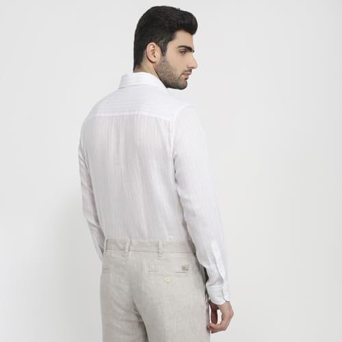 Raymond Men Contemporary Fit Stripe Pattern Pure Linen Semicutaway Collar Full Sleeve Apple Cut Formal Shirt White