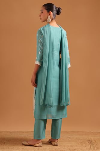 Soch Womens Turquoise Blue Chanderi Embroidered Botanical Chikankari Embroidery Salwar Suit