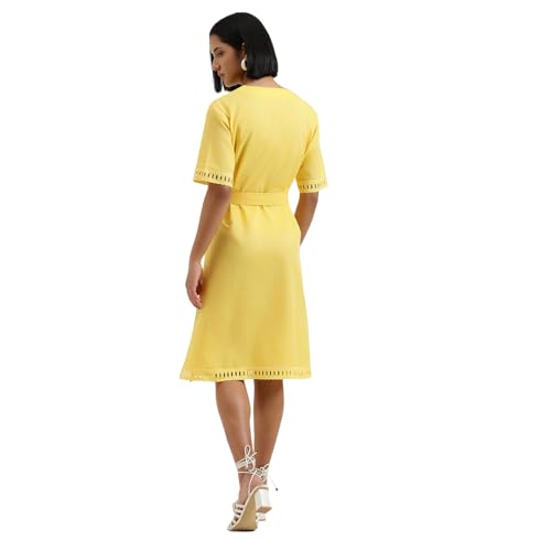 United Colors of Benetton Regular Fit V-Neck Self Design Dress (Size : S) - 26P4WVNDR307I3N8 Yellow