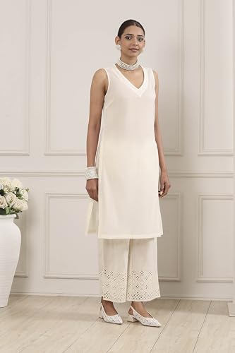 Biba Women Yellow Cotton Straight Suit Set_36