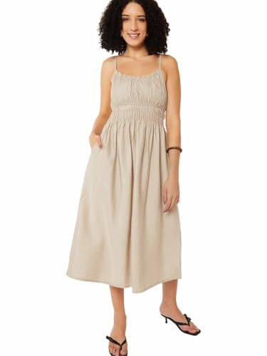 Max Women Solid A-line Midi Dress (Beige_XL)