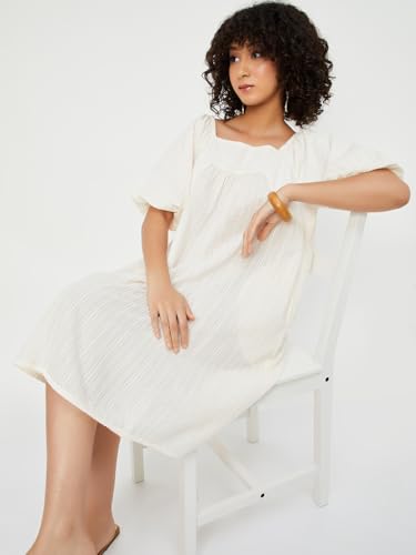 Max Women's Cotton A-Line Midi Casual Dress (EE54005_Off White