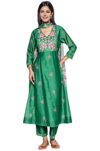 W for Woman Green Printed Chanderi Flared Kurta, Straight Pant and Dupatta Set (Size: M)-WS12961-125861