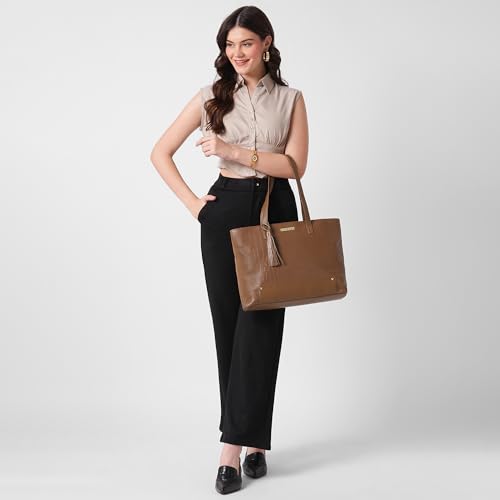 Caprese Sansa 16 Inch Laptop Large Tote Bag for Women | Stylish, Durable, Multi-Compartment Design for Work, Travel, Shopping | Comfortable Straps Shoulder and Handheld Bag for Daily Use (Tan)