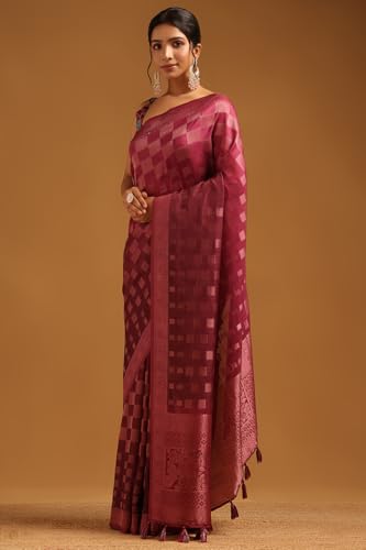 Soch Womens Wine Tussar Checked Saree With Zari Woven