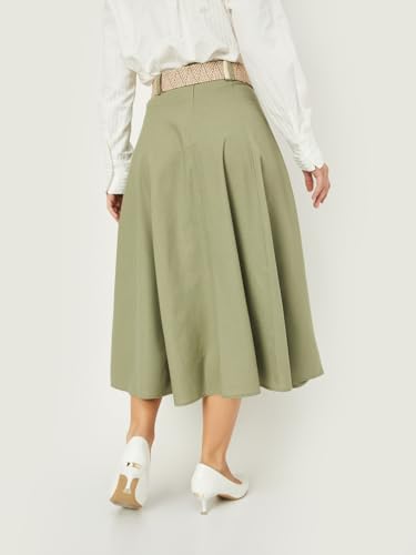 Max Women Solid A-line Belted Skirt (Green_XS)