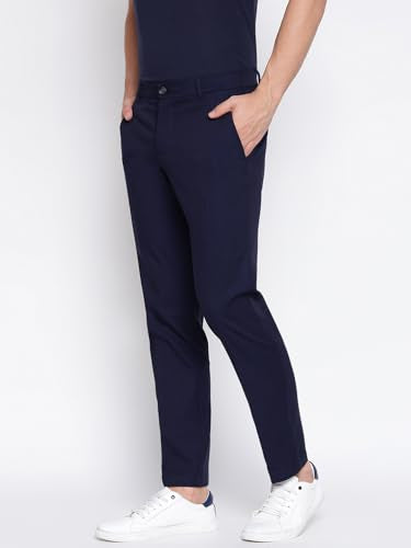 GUESS Myron Dressy Cotton Dobby Stretch Smart Blue Solid Mid Rise Regular Fit Chinos Trousers