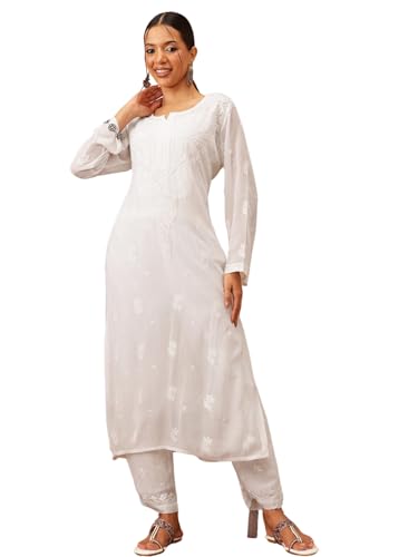 Ada Hand Embroidered Lucknowi Chikankari Viscose Georgette Kurta and Pant Set for Women A811292 White (M)