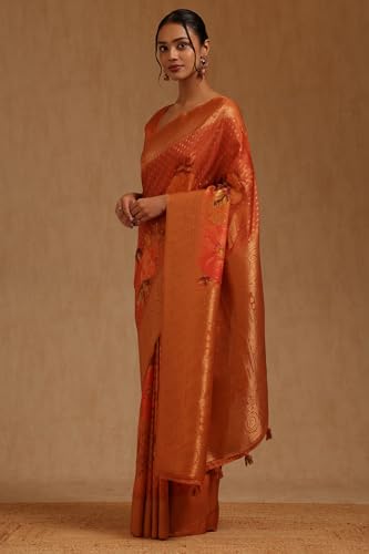 Soch Womens Orange Dola Silk Floral Zari Woven Saree
