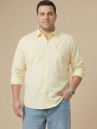Thomas Scott Men’s Regular Fit Solid Casual Shirt | 100% Cotton | Long Sleeve Spread Collar Shirt for Men (TS1075_Yellow_4XL)