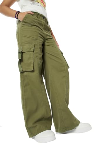 Max Girls Solid Wide Leg Cargo Trousers (Green_8-9 Y)