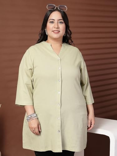 Women Plus Size Solid Linen Tunic (LTNC23468-LIGHTGREEN-4XL)