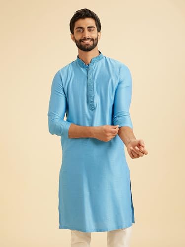 Manyavar Men's Viscose Blend Self-Design Kurta Pyjama Set (Light Blue,XXL)