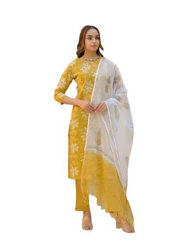 Divena Mustard Floral Print Cotton Straight fit Kurta Pant with Dupatta