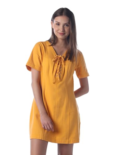 ONLY Women's Solid Fit and Flare Mustard Dress