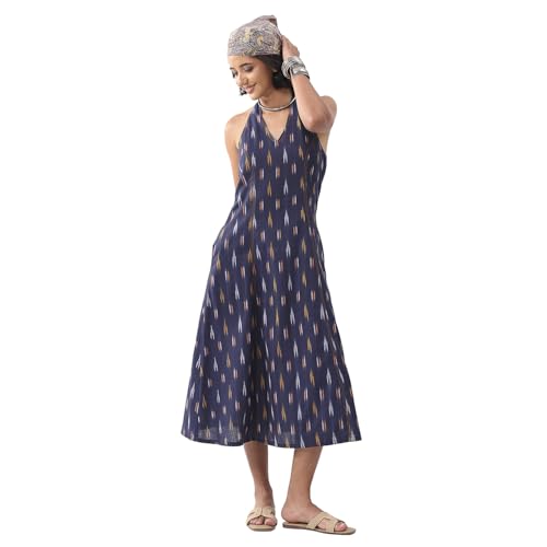Biba Nxt Women Navy Blue Cotton Printed A Line Dress_30