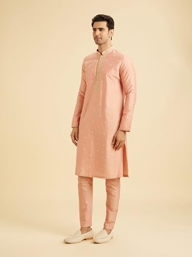 Manyavar Men's Viscose Blend Embellished Kurta Set (Peach,XL)